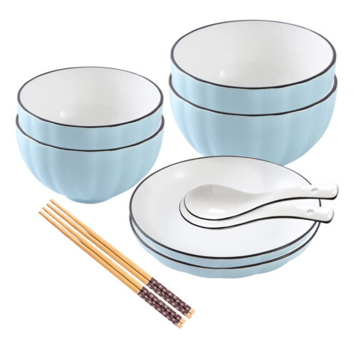 Blue Japanese Ceramic Dinnerware Crockery Soup Bowl Plate Server Kitchen Decor Set of 6