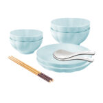 Light Blue Japanese Ceramic Dinnerware Crockery Soup Bowl Plate Server Kitchen Decor Set of 6