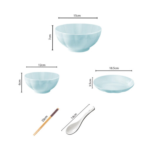 Light Blue Japanese Ceramic Dinnerware Crockery Soup Bowl Plate Server Kitchen Decor Set of 6 - Image 2