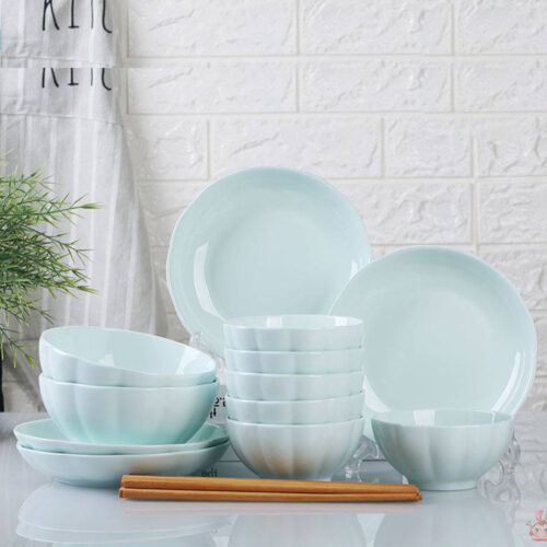 Light Blue Japanese Ceramic Dinnerware Crockery Soup Bowl Plate Server Kitchen Decor Set of 6 - Image 9