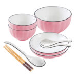 Pink Japanese Ceramic Dinnerware Crockery Soup Bowl Plate Server Kitchen Decor Set of 5