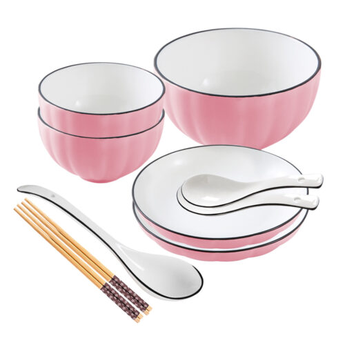 Pink Japanese Ceramic Dinnerware Crockery Soup Bowl Plate Server Kitchen Decor Set of 5