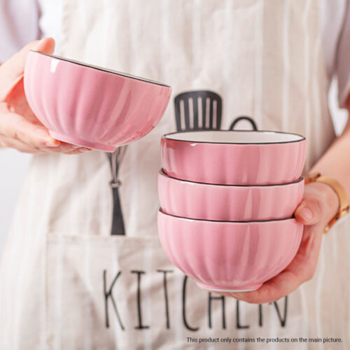 Pink Japanese Ceramic Dinnerware Crockery Soup Bowl Plate Server Kitchen Decor Set of 5 - Image 9
