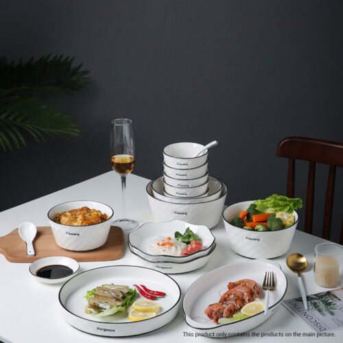 Diamond Pattern Ceramic Dinnerware Set Crockery Soup Bowl Plate Server Kitchen Decor Set of 4 - Image 3