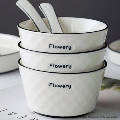 Diamond Pattern Ceramic Dinnerware Set Crockery Soup Bowl Plate Server Kitchen Decor Set of 4 - Image 5