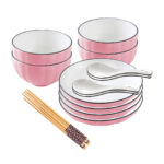 Pink Japanese Ceramic Dinnerware Crockery Soup Bowl Plate Server Kitchen Decor Set of 8