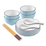 Blue Japanese Ceramic Dinnerware Crockery Soup Bowl Plate Server Kitchen Decor Set of 8