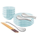 Light Blue Japanese Ceramic Dinnerware Crockery Soup Bowl Plate Server Kitchen Decor Set of 8