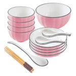 Pink Japanese Ceramic Dinnerware Crockery Soup Bowl Plate Server Kitchen Decor Set of 9
