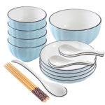 Blue Japanese Ceramic Dinnerware Crockery Soup Bowl Plate Server Kitchen Decor Set of 9