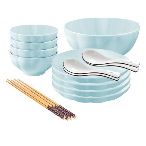 Light Blue Japanese Ceramic Dinnerware Crockery Soup Bowl Plate Server Kitchen Decor Set of 9