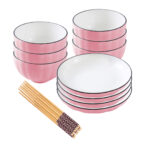 Pink Japanese Ceramic Dinnerware Crockery Soup Bowl Plate Server Kitchen Decor Set of 10