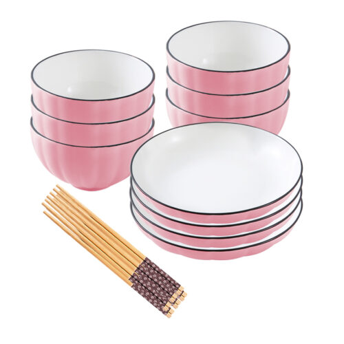 Pink Japanese Ceramic Dinnerware Crockery Soup Bowl Plate Server Kitchen Decor Set of 10