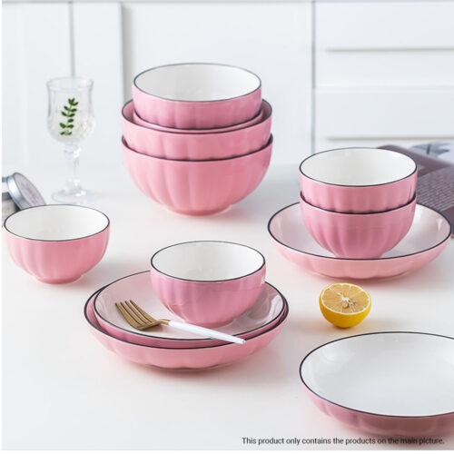 Pink Japanese Ceramic Dinnerware Crockery Soup Bowl Plate Server Kitchen Decor Set of 10 - Image 8