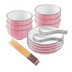 Pink Japanese Ceramic Dinnerware Crockery Soup Bowl Plate Server Kitchen Decor Set of 10