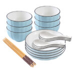 Blue Japanese Ceramic Dinnerware Crockery Soup Bowl Plate Server Kitchen Decor Set of 10