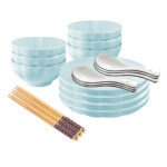 Light Blue Japanese Ceramic Dinnerware Crockery Soup Bowl Plate Server Kitchen Decor Set of 10