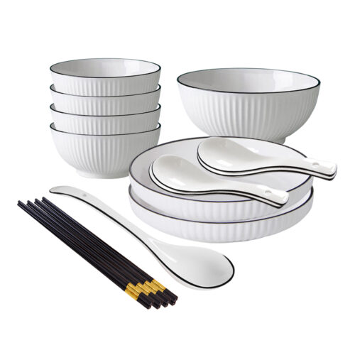 White Japanese Ceramic Dinnerware Crockery Soup Bowl Plate Server Kitchen Decor Set of 7