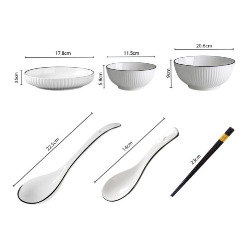 White Japanese Ceramic Dinnerware Crockery Soup Bowl Plate Server Kitchen Decor Set of 7 - Image 2