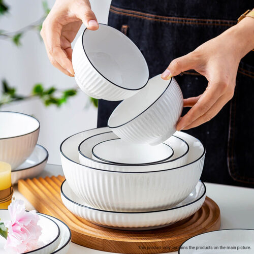 White Japanese Ceramic Dinnerware Crockery Soup Bowl Plate Server Kitchen Decor Set of 7 - Image 5