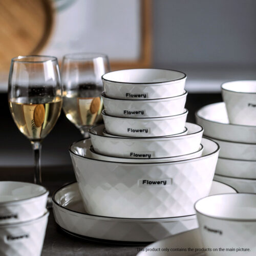 Diamond Pattern Ceramic Dinnerware Crockery Soup Bowl Plate Server Kitchen Decor Set of 8 - Image 4