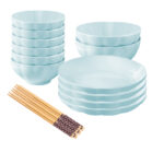 Light Blue Japanese Ceramic Dinnerware Crockery Soup Bowl Plate Server Kitchen Decor Set of 12