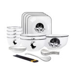 White Antler Printed Ceramic Dinnerware Set Crockery Soup Bowl Plate Server Kitchen Decor Set of 13