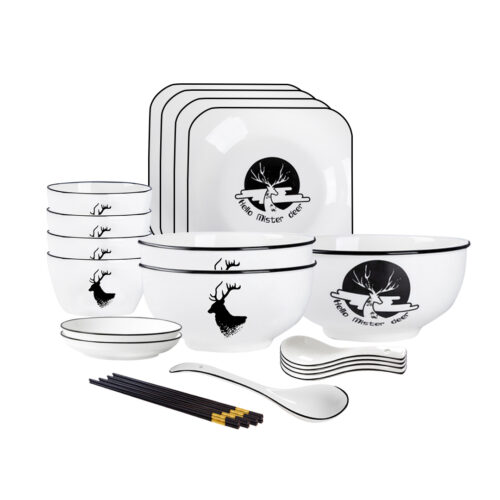 White Antler Printed Ceramic Dinnerware Set Crockery Soup Bowl Plate Server Kitchen Decor Set of 13