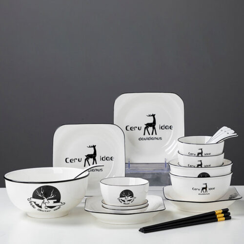 White Antler Printed Ceramic Dinnerware Set Crockery Soup Bowl Plate Server Kitchen Decor Set of 13 - Image 3