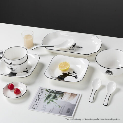White Antler Printed Ceramic Dinnerware Set Crockery Soup Bowl Plate Server Kitchen Decor Set of 13 - Image 8