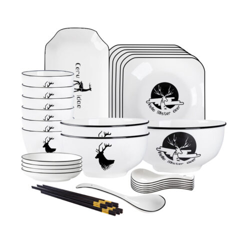 White Antler Printed Ceramic Dinnerware Set Crockery Soup Bowl Plate Server Kitchen Decor Set of 20