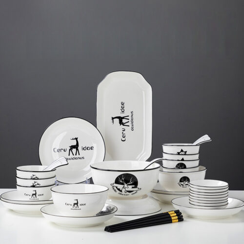 White Antler Printed Ceramic Dinnerware Set Crockery Soup Bowl Plate Server Kitchen Decor Set of 28 - Image 3