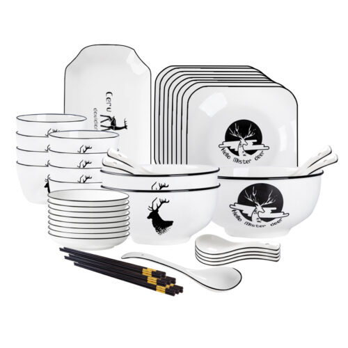 White Antler Printed Ceramic Dinnerware Set Crockery Soup Bowl Plate Server Kitchen Decor Set of 28