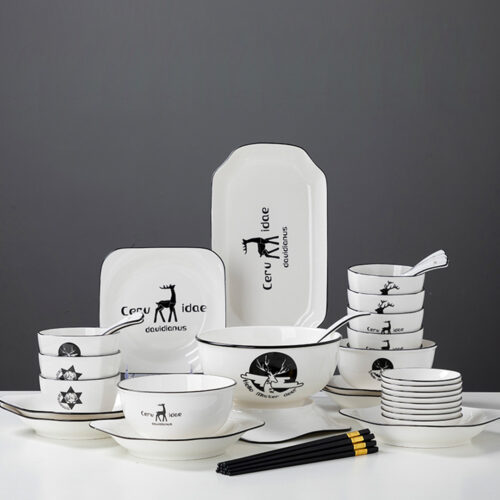 White Antler Printed Ceramic Dinnerware Set Crockery Soup Bowl Plate Server Kitchen Decor Set of 28 - Image 3