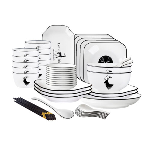 White Antler Printed Ceramic Dinnerware Set Crockery Soup Bowl Plate Server Kitchen Decor Set of 34