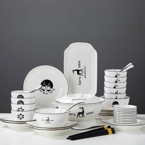 White Antler Printed Ceramic Dinnerware Set Crockery Soup Bowl Plate Server Kitchen Decor Set of 34 - Image 3