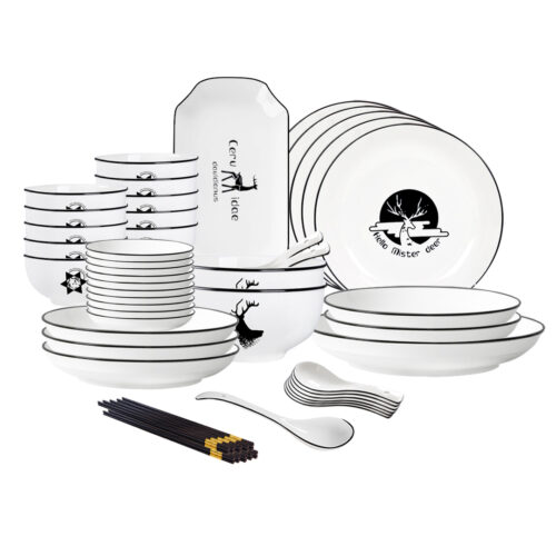 White Antler Printed Ceramic Dinnerware Set Crockery Soup Bowl Plate Server Kitchen Decor Set of 34