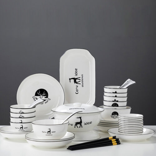 White Antler Printed Ceramic Dinnerware Set Crockery Soup Bowl Plate Server Kitchen Decor Set of 34 - Image 3