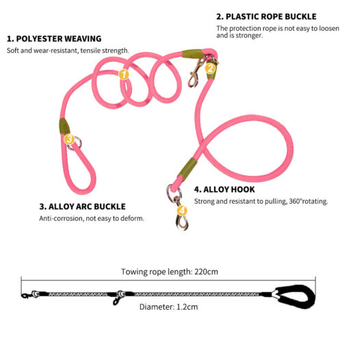220cm Hands-Free Rope Pet Cat Dog Puppy Double Ended Leash Pink - Image 3
