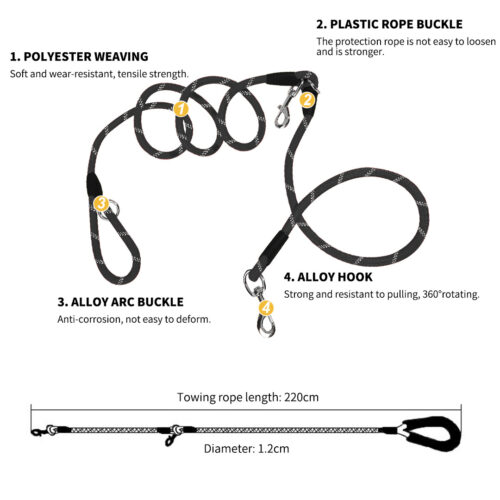 220cm Hands-Free Rope Pet Cat Dog Puppy Double Ended Leash Black - Image 3