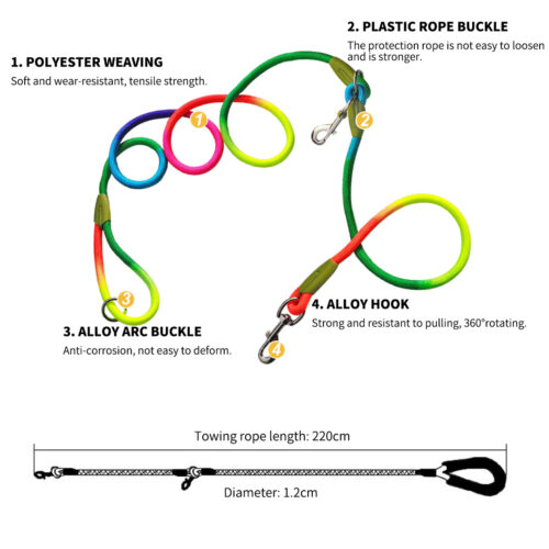 2x 220cm Hands-Free Rope Pet Cat Dog Puppy Double Ended Leash Rainbow - Image 3