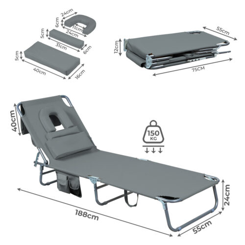 Levede Folding Sun Lounger Outdoor Pool Beach Garden Recliner Chair Face Down Grey - Image 3