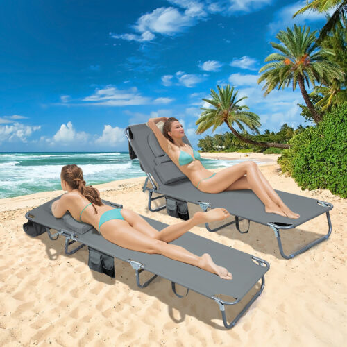 Levede Folding Sun Lounger Outdoor Pool Beach Garden Recliner Chair Face Down Grey - Image 7