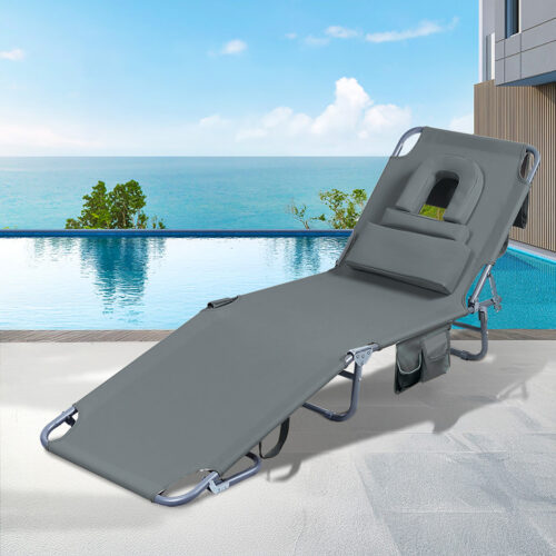 Levede Folding Sun Lounger Outdoor Pool Beach Garden Recliner Chair Face Down Grey - Image 8
