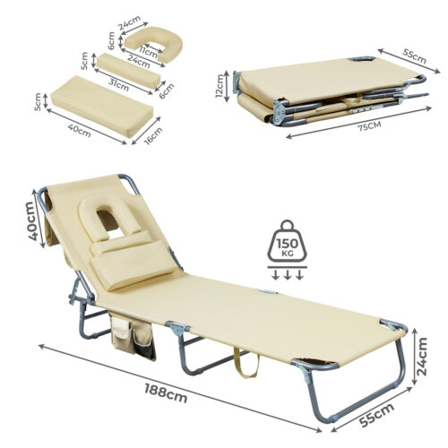 Levede Folding Sun Lounger Outdoor Pool Beach Lounge Recliner Chair Face Down - Image 3