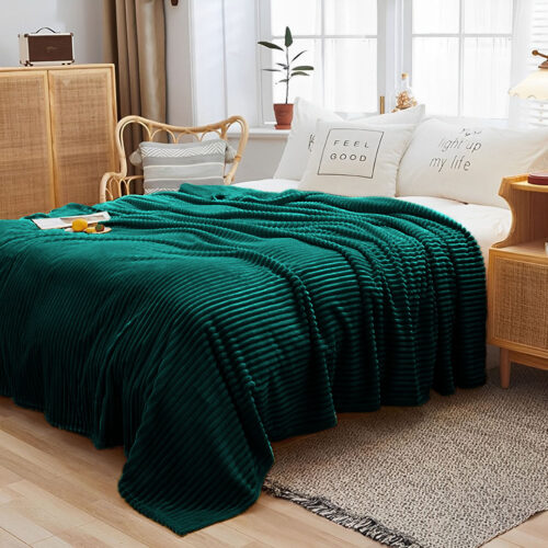 Dark GreenThrow Blanket Warm Cozy Striped Pattern Thin Flannel Fleece Bed Sofa Comforter - Image 2