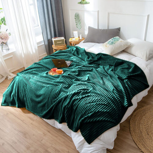 Dark GreenThrow Blanket Warm Cozy Striped Pattern Thin Flannel Fleece Bed Sofa Comforter - Image 4