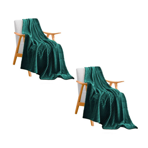 2x Dark GreenThrow Blanket Warm Cozy Striped Pattern Thin Flannel Fleece Bed Sofa Comforter