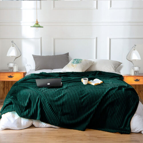 2x Dark GreenThrow Blanket Warm Cozy Striped Pattern Thin Flannel Fleece Bed Sofa Comforter - Image 3