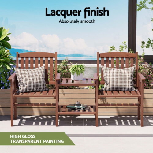 Gardeon Outdoor Garden Bench Loveseat Wooden Table Chairs Patio Furniture Brown - Image 4